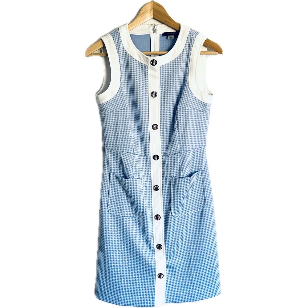 Tommy Hilfiger Sleeveless Sheath Dress, Blue & White Houndstooth, Twee, Size 2